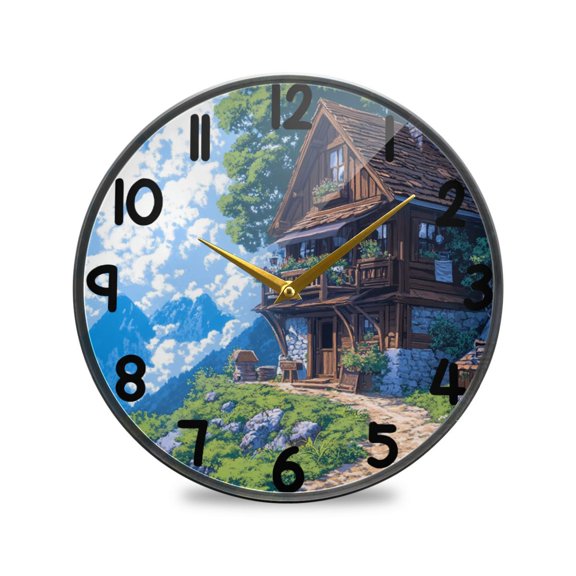 Cartoon Style Mountain Scenery Round Acrylic Wall Clock Silent Battery Operated Home Decor for Living Room Bedroom
