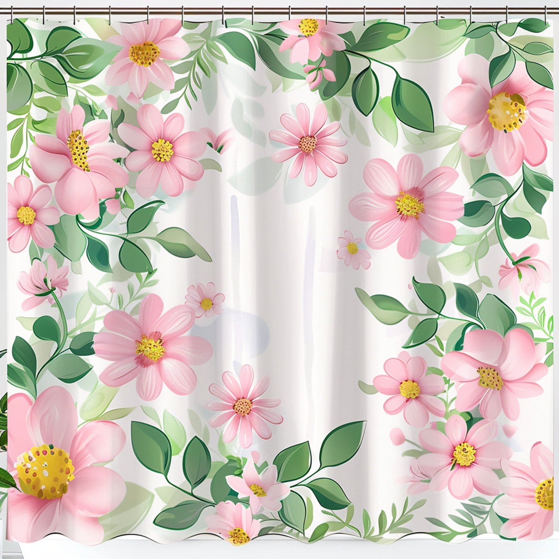 Cartoon Style Pink Daisy and Green Leaf Shower Curtain Cute Floral ...