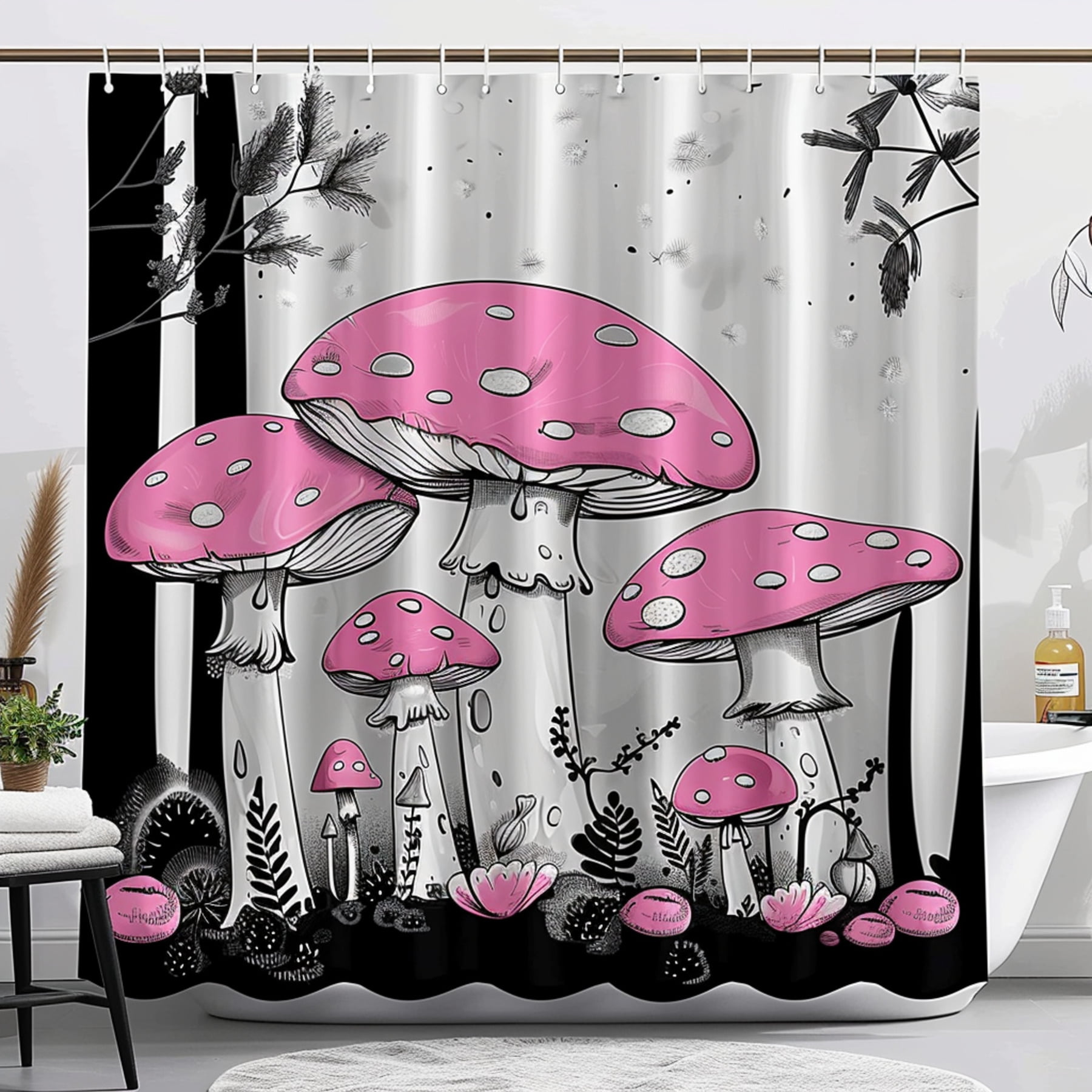 Cartoon Style Pink Mushroom Bathroom Curtain Black and White Design Fun