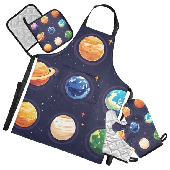 Cartoon Style Planets Oven Mitts and Pot Holders with Chef Apron Set 5 Pcs Kitchen Cooking Set