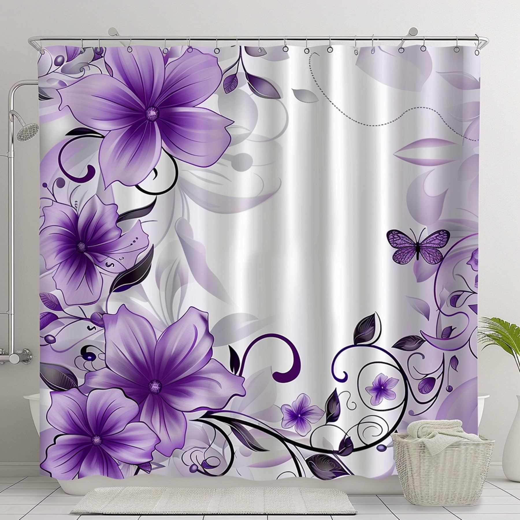 Cartoon Style Purple Floral Butterfly Shower Curtain with Silver Flower