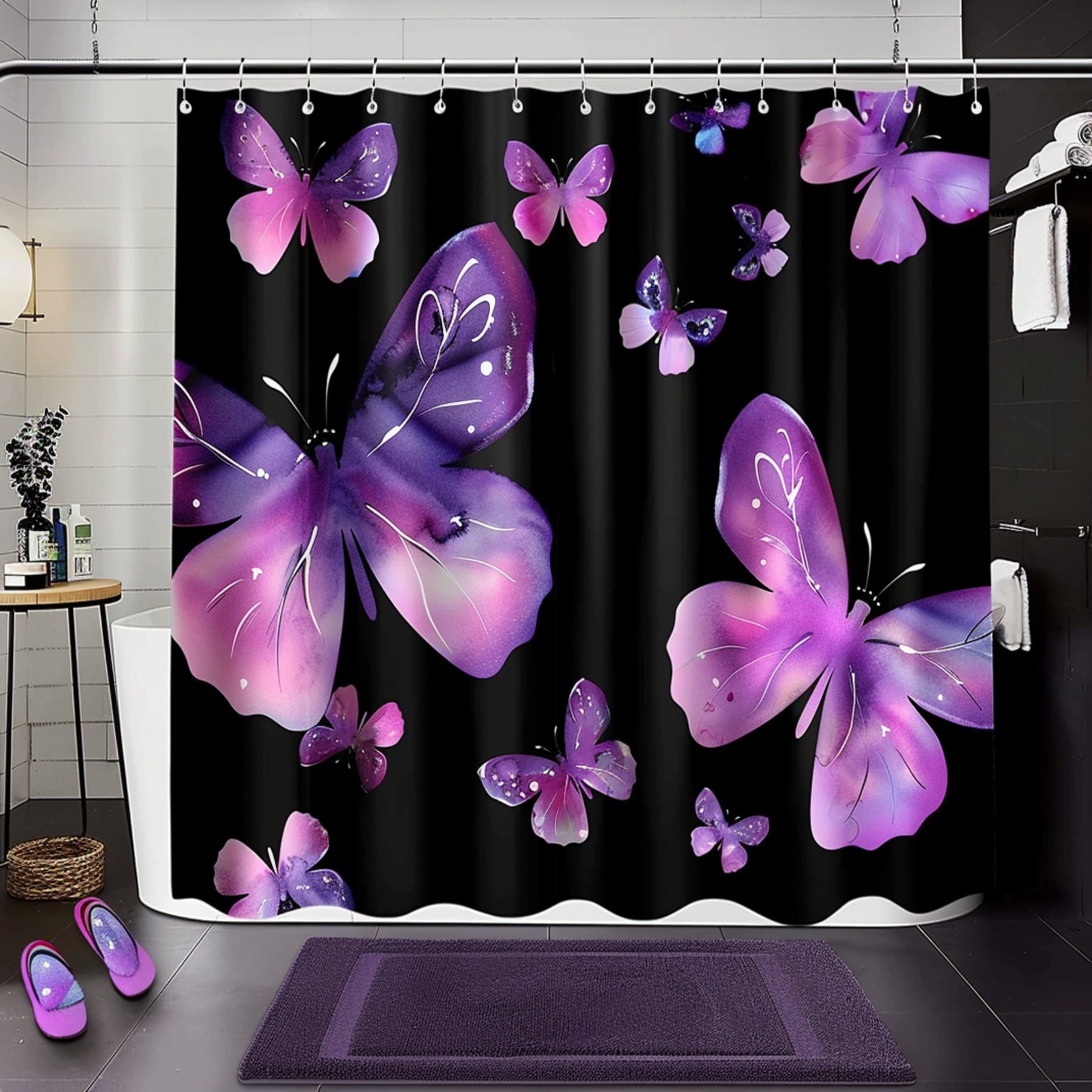 Cartoon Style Purple and Pink Butterfly Bathroom Set withHighDefinition Watercolor Design