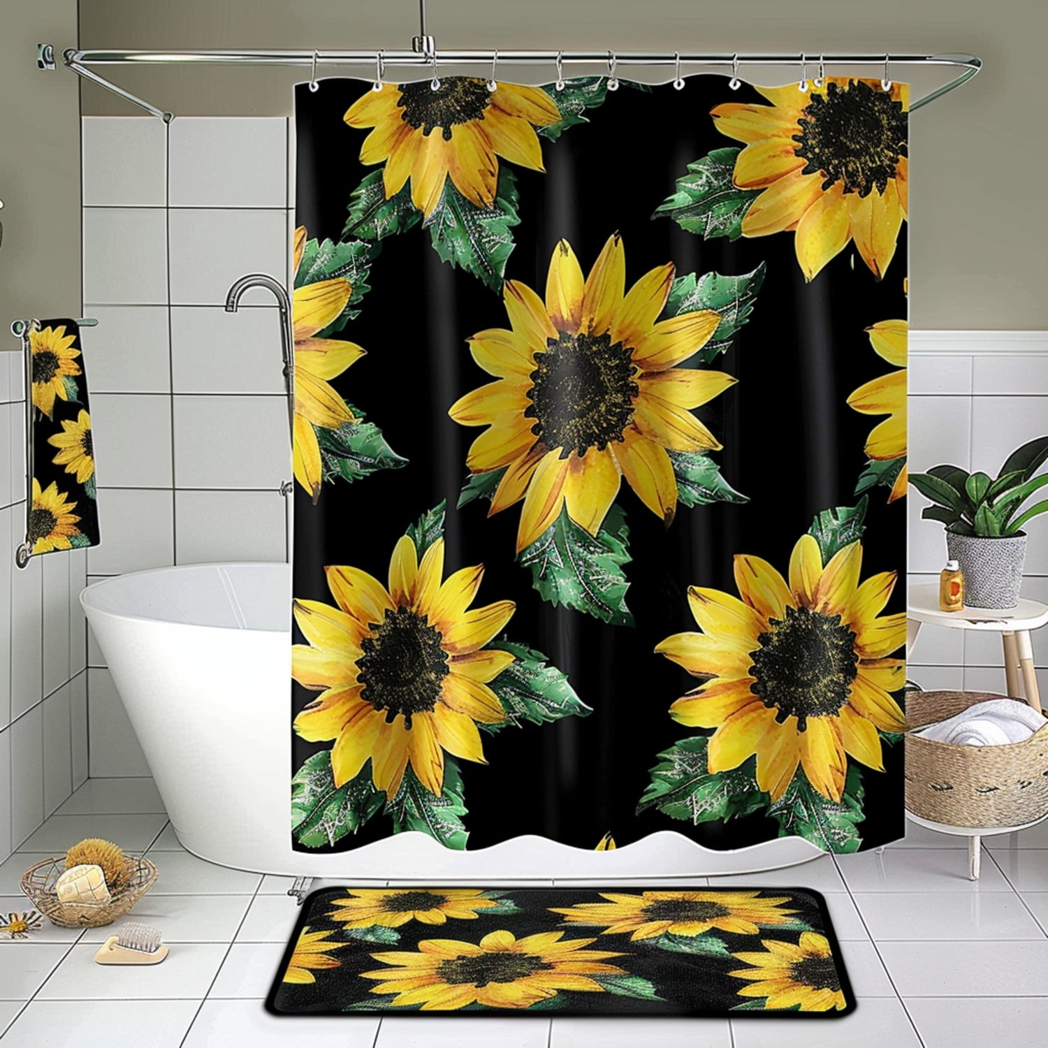 Cartoon Style Sunflower Bathroom Set: Black Background Shower Curtain ...