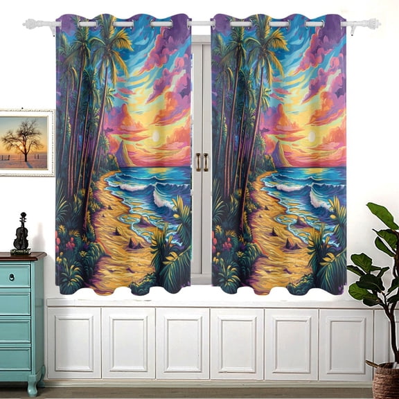 Cartoon Style Sunset and Beach Blackout Curtains for Living Room Bedroom 55W x 54L Insulated Window Drapes 2 Panels