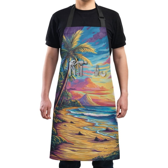 Cartoon Style Sunset and Beach Chef Kitchen Apron with Pockets for Women Waterproof Aprons for Cooking Baking