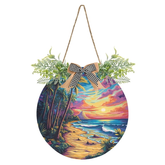 Cartoon Style Sunset and Beach Front Door Porch Decoration Hanging Sign with Artificial Green Plants and Bow for Home Outdoor Indoor