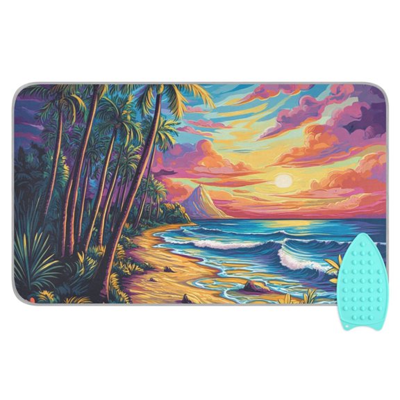 Cartoon Style Sunset and Beach Ironing Mat Blanket for Table Top Travel Portable Ironing Board Pad 47.2x27.6 Inch