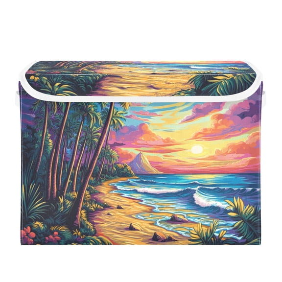 Cartoon Style Sunset and Beach Large Storage Bins with Linen Collapsible Lid Storage Box 16.7 x 12.6 x 11.8in