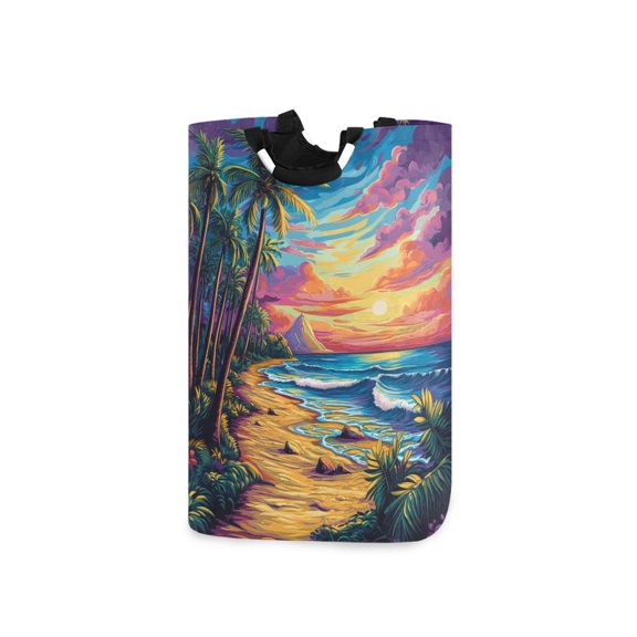 Cartoon Style Sunset and Beach Laundry Basket with Handles 50L Collapsible Laundry Hamper for Bathroom Bedroom Laundry Room
