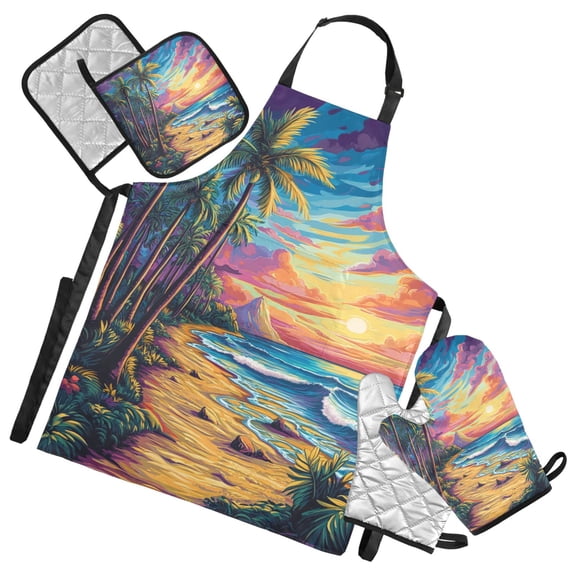 Cartoon Style Sunset and Beach Oven Mitts and Pot Holders with Chef Apron Set 5 Pcs Kitchen Cooking Set