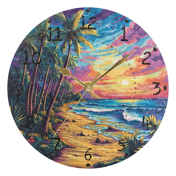Cartoon Style Sunset and Beach Round Wall Clock Silent Battery Operated Home Decor for Living Room Bedroom