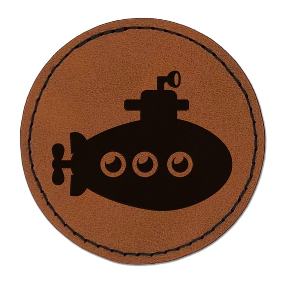 Cartoon Submarine Boat Aquatic Underwater Vehicle with Periscope and Propeller 2.5" Faux Leather Round Engraved Iron-On Patch - Brown