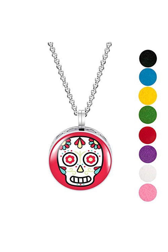 Cartoon Sugar Skull Enamel Necklace Diffuser w/ pads and gift box
