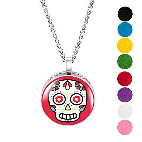 Cartoon Sugar Skull Enamel Necklace Diffuser w/ pads and gift box