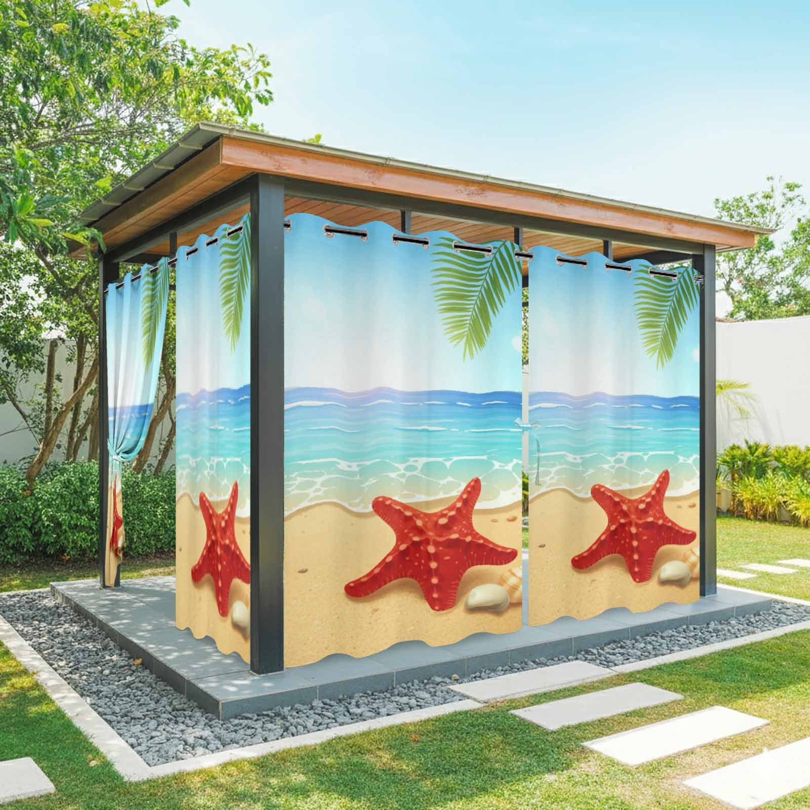 Cartoon Summer Beach Outdoor Curtains 2 Panels Red Starfish Ocean Wave ...