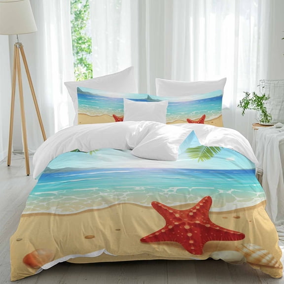 Cartoon Summer Beach Queen Size Comforter Set, Red Starfish Ocean Wave Palm Leaves Bedding for All Seasons, 4 Pcs Bed Set, 1Quiltcover (90"x92") ,1Sheet(94"x116"), 2Pillowcases (30"x20")