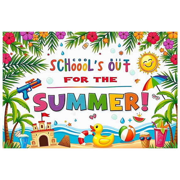 Cartoon Summer Holiday Banner Tropical Vacation School's Out for Kids Beach Party