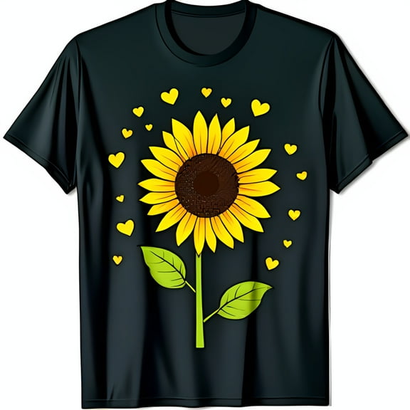 Cartoon Sunflower Design Black T-Shirt with Yellow Hearts Cute Floral Tee