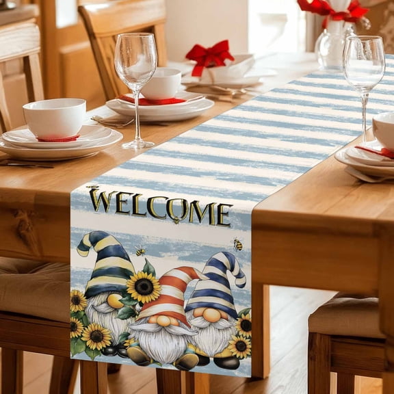 Cartoon Sunflower Dwarf Cartoon Hat Table Runner 36 Inches Long,Kitchen Dining Tablerunners Vintage Blue Striped Linen Table Runners Dresser Scarves for Home Dinner Wedding Holiday Party Decor