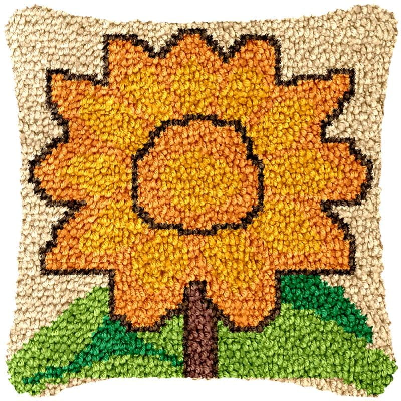 Cartoon Sunflower Latch Hook Pillow Cover Kits for DIY Handmade Throw Pillow Cross Stitch Latch Hook Pillowcase Rug Kits with Preprinted Color Pattern Canvas Crochet Yarn Kits 17''X 17''(bs5)