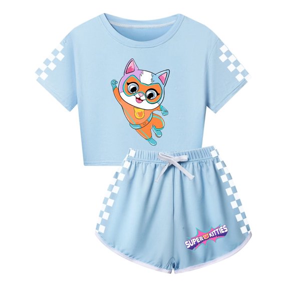 Cartoon Super-Kitties Matching Set – Girls Short Sleeve Top with Sporty Shorts – Kids Summer Playwear
