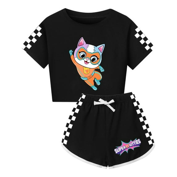 Cartoon Super-Kitties Matching Set – Girls Short Sleeve Top with Sporty Shorts – Kids Summer Playwear