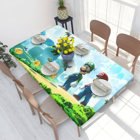 Cartoon Super Mario Luigi Elastic Edged Table Cover Reusable Fitted Rectangle Tablecloth For Dining Kitchen Party 2.5X4ft