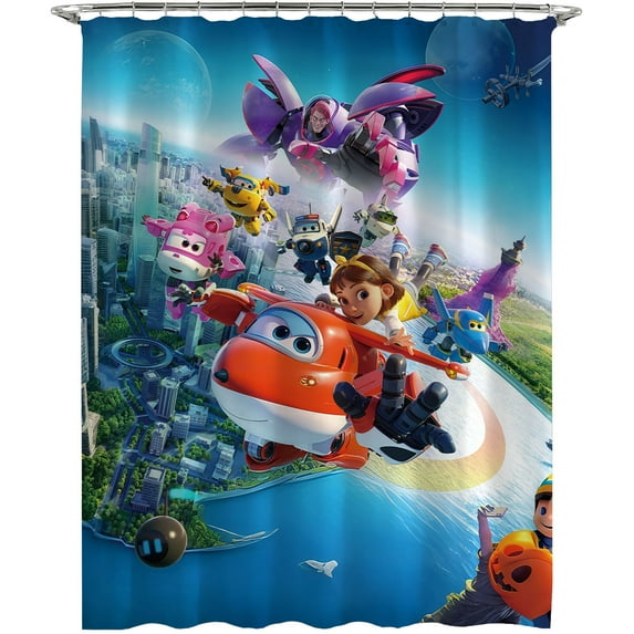 Cartoon For Super Wings Themed Shower Curtain for Bathroom Decor,Durable Waterproof Polyester Fabric,72x72 Inch with 12 Pack Hooks Washable Curtain Set