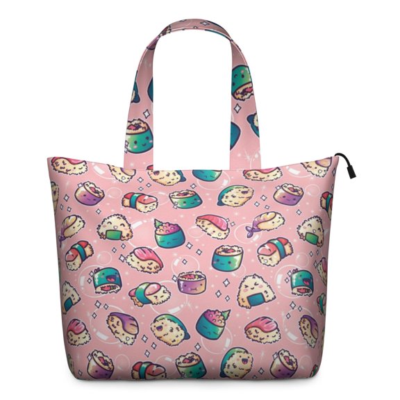 Cartoon Sushi Japanese Food Themed Weekender Bag Lightweight Travel Tote Bag with Sushi Party Fish Prints, Multipurpose for Business Leisure