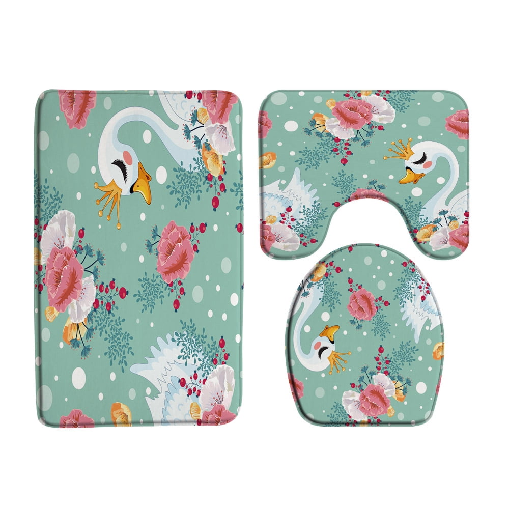 Cartoon Swan Bathroom Rug Set Kids Children NonSlip Ocean Flower Bath
