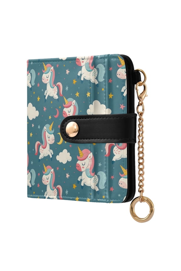 Cartoon Sweet Unicorn Seamless Small Wallet for Women RFID Blocking Bifold PU Leather Credit Card Holder with Zipper Coin Pocket Compact Cute Travel Purse Magnetic Snap 7 Card Slots