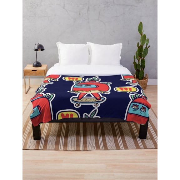 Cartoon TV Robot on Skateboard with Backpacks Navy Fleece Blanket, Polyester Fleece Fabric, 280 GSM, Couch or Bed