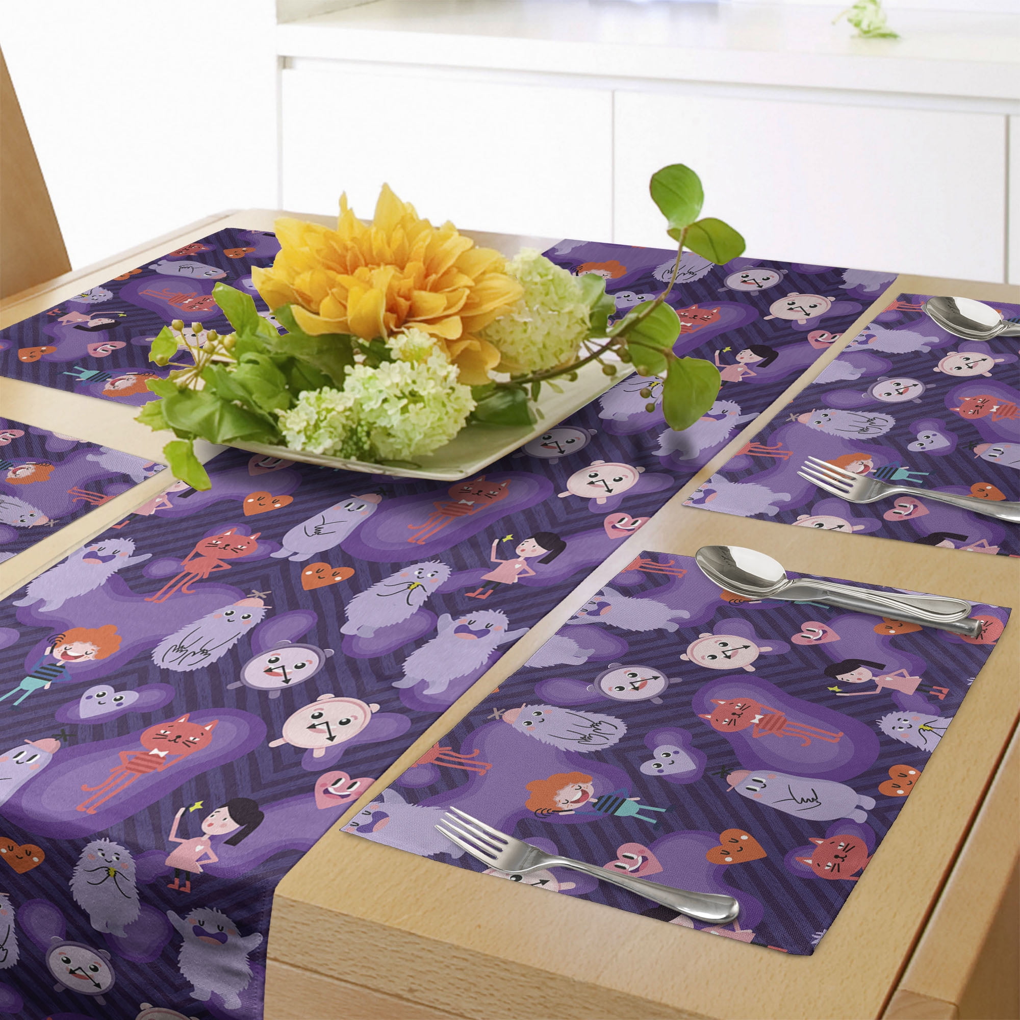 Cartoon Table Runner & Placemats, Funky Hearts Creatures Little Girls