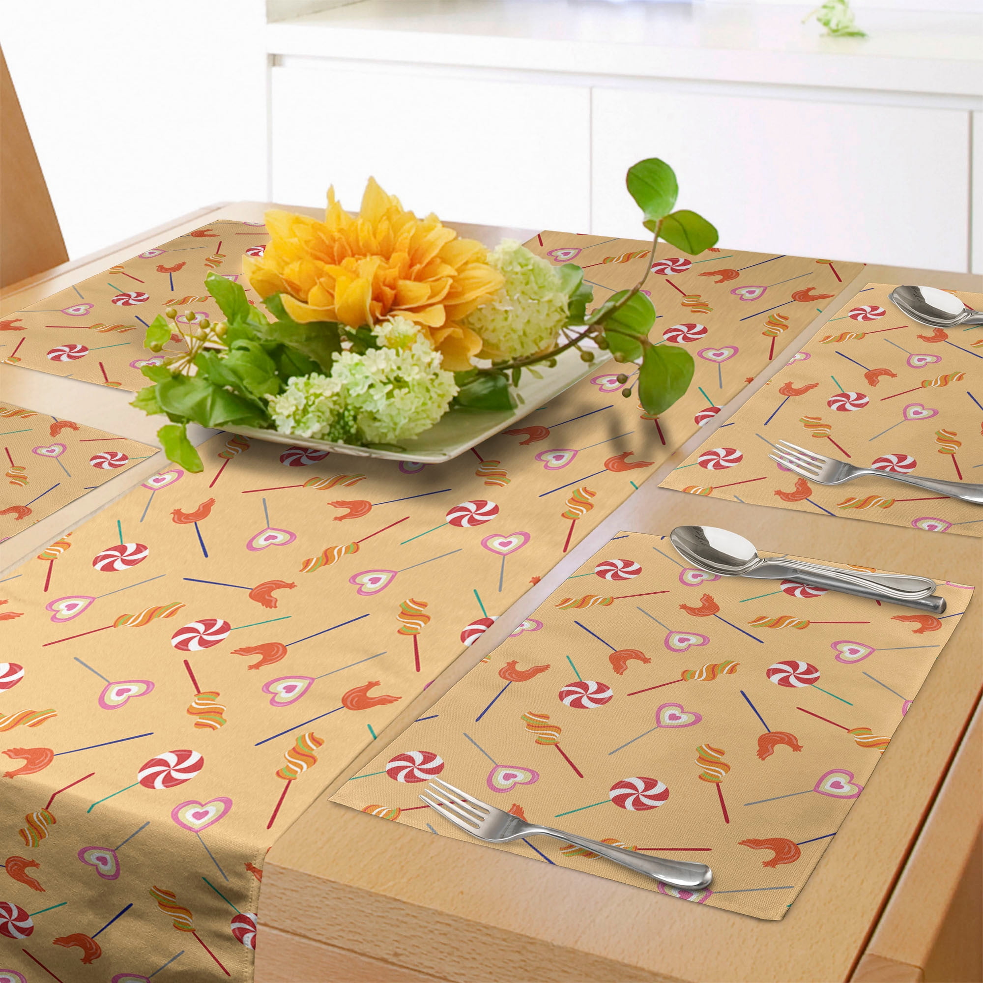 Cartoon Table Runner & Placemats, Funny Heart Rooster and Spirals Shaped Lollipops Candy
