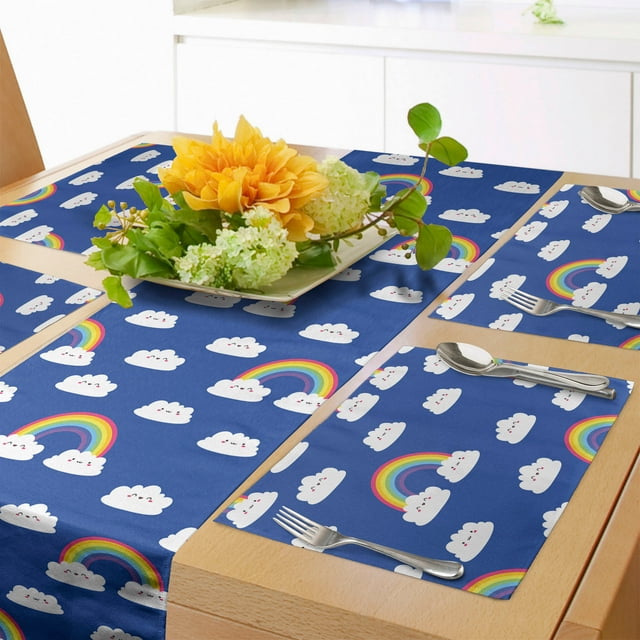Cartoon Table Runner & Placemats, Joyful Smiling Fluffy Rainbow Clouds