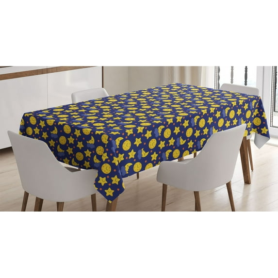 Cartoon Tablecloth, Funny Night Sky Chipper Moons and Stars Sleeping Time Abstract Cartoon, Rectangle Satin Table Cover for Dining Room and Kitchen, 52" X 70", Navy Blue Orange Yellow, by Ambesonne