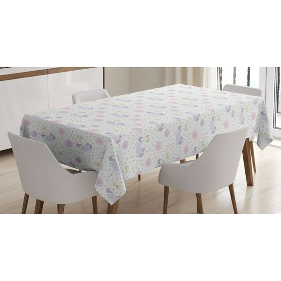 Cartoon Tablecloth, Unicorns in the Sky Raindrop Clouds Hello Girly Funny Whimsical Pastel, Rectangle Satin Table Cover for Dining Room and Kitchen, 60" X 84", Pale Mauve Pale Pink, by Ambesonne