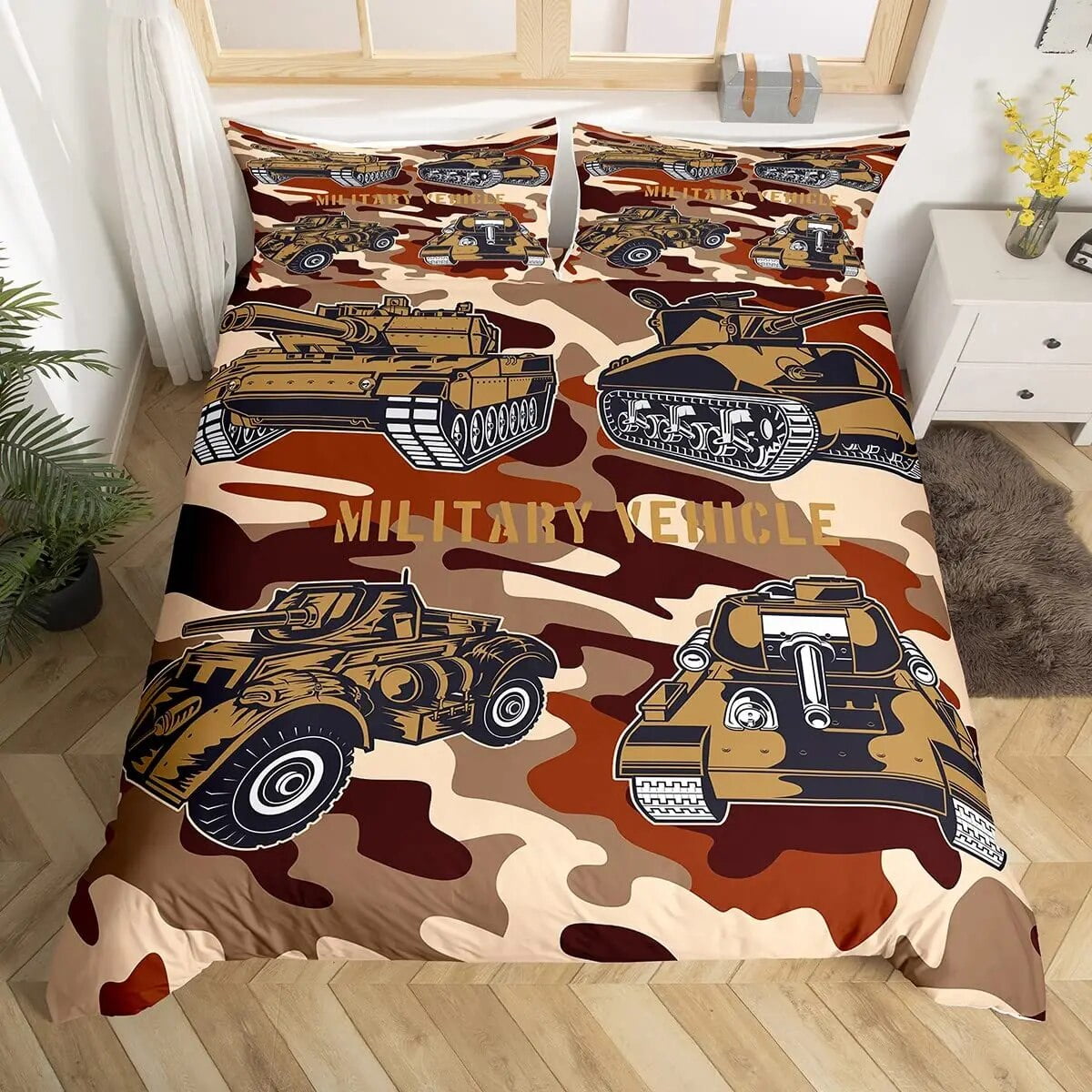 Cartoon Tank Duvet Cover War Theme Bedding Set for Kids Boys Man