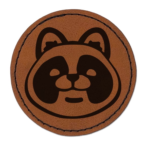 Cartoon Tanuki Head Japanese Raccoon Dog Round Iron-On Engraved Faux Leather Patch Applique - 2.5 Inch - Brown