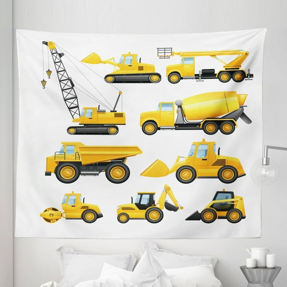 Cartoon Tapestry, Abstract Images of Construction Vehicles Machinery Trucks Bulldozer Crane, Fabric Wall Hanging Decor for Bedroom Living Room Dorm, 5 Sizes, Earth Yellow Black, by Ambesonne
