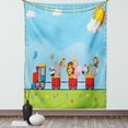 thumbnail image 1 of Cartoon Tapestry, Cartoon Animal on Train with Birthday Background Sun and Cloud Lion Elephant Zebra, Wall Hanging for Bedroom Living Room Dorm Decor, 60W X 80L Inches, Multicolor, by Ambesonne, 1 of 5