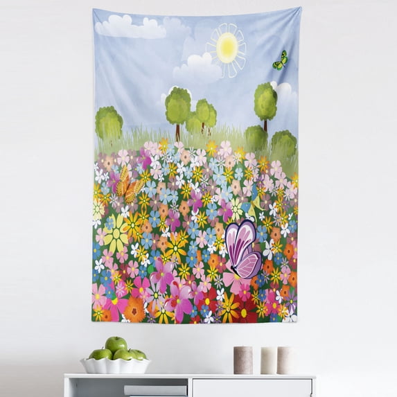 Cartoon Tapestry, Flourishing Spring Meadow with Colorful Blossoms Butterflies Trees Growth Foliage, Fabric Wall Hanging Decor for Bedroom Living Room Dorm, 5 Sizes, Multicolor, by Ambesonne