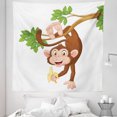 thumbnail image 1 of Cartoon Tapestry, Funny Monkey Hanging from Tree and Holding Banana Jungle Animals Theme Print, Fabric Wall Hanging Decor for Bedroom Living Room Dorm, 5 Sizes, Chocolate White, by Ambesonne, 1 of 1
