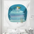 thumbnail image 1 of Cartoon Tapestry, Girl Sitting on the Top of a Pile of Pillows Drinking Milk Night Bedtime, Fabric Wall Hanging Decor for Bedroom Living Room Dorm, 5 Sizes, Yellow Pink and Blue, by Ambesonne, 1 of 1