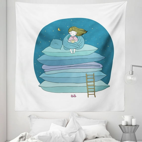 Cartoon Tapestry, Girl Sitting on the Top of a Pile of Pillows Drinking Milk Night Bedtime, Fabric Wall Hanging Decor for Bedroom Living Room Dorm, 5 Sizes, Yellow Pink and Blue, by Ambesonne