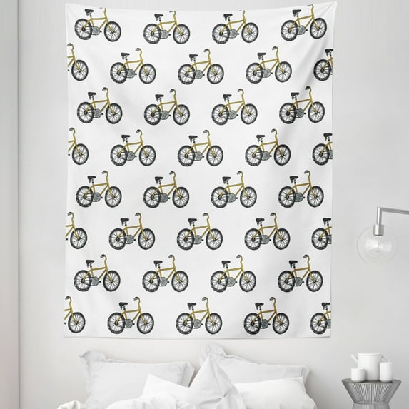 Cartoon Tapestry, Hand Drawn Doodle Cycling Theme Pattern of Yellow Bike Leisure Hobby Street Art, Fabric Wall Hanging Decor for Bedroom Living Room Dorm, 5 Sizes, Mustard Black, by Ambesonne