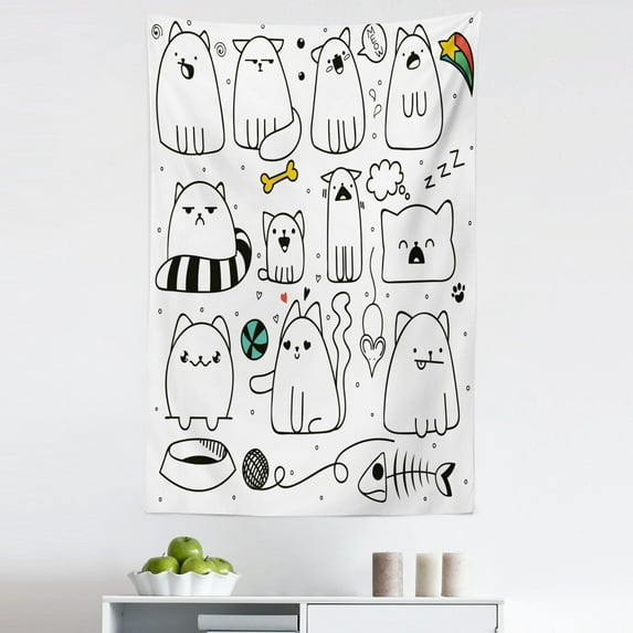 Cartoon Tapestry, Hand Drawn Sketchy Funny Cats with Toys and Colored Shapes for Art, Fabric Wall Hanging Decor for Bedroom Living Room Dorm, 5 Sizes, Multicolor, by Ambesonne