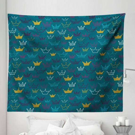 Cartoon Tapestry, Hand Drawn Style Crowns Tiaras Fun Girlish Pattern for, Fabric Wall Hanging Decor for Bedroom Living Room Dorm, 5 Sizes, Purple Yellow Teal, by Ambesonne