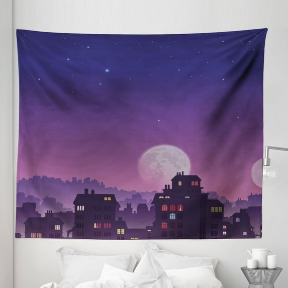 Cartoon Tapestry, Old City Illustration Houses Buildings Full Moon Starry Night Sky Silhouette, Fabric Wall Hanging Decor for Bedroom Living Room Dorm, 5 Sizes, Purple Navy, by Ambesonne