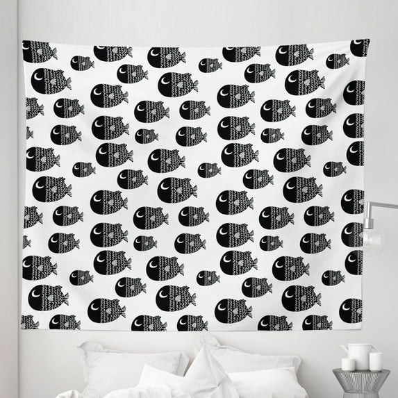 Cartoon Tapestry, Ornamental Fishes Marine Scandinavian Playroom Caricature, Fabric Wall Hanging Decor for Bedroom Living Room Dorm, 5 Sizes, White Black, by Ambesonne